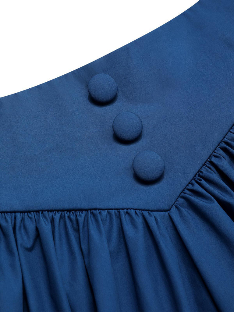 [Vorverkauf] 2PCS 1940er Baumwolle Creme V-Ausschnitt Top & Blau Plissiertes Rock
