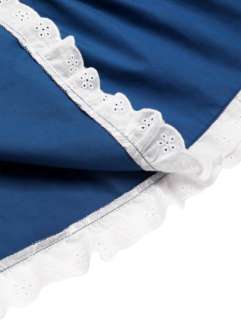 [Vorverkauf] 2PCS 1940er Baumwolle Creme V-Ausschnitt Top & Blau Plissiertes Rock