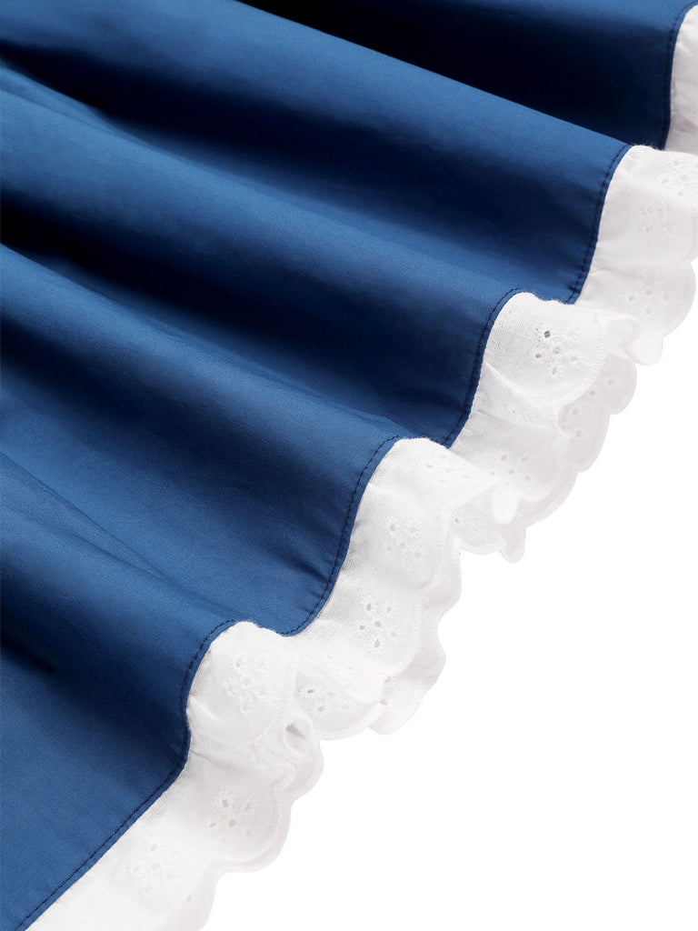 [Vorverkauf] 2PCS 1940er Baumwolle Creme V-Ausschnitt Top & Blau Plissiertes Rock