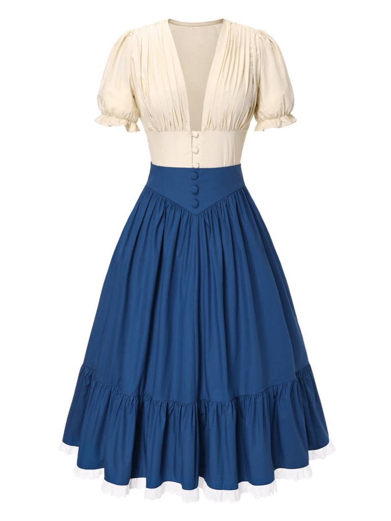 [Vorverkauf] 2PCS 1940er Baumwolle Creme V-Ausschnitt Top & Blau Plissiertes Rock