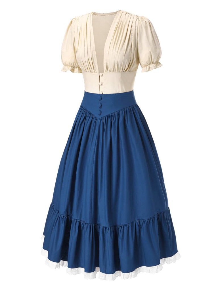 [Vorverkauf] 2PCS 1940er Baumwolle Creme V-Ausschnitt Top & Blau Plissiertes Rock