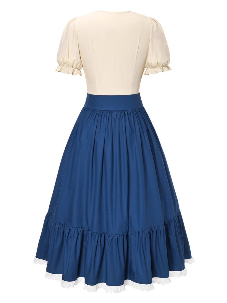 [Vorverkauf] 2PCS 1940er Baumwolle Creme V-Ausschnitt Top & Blau Plissiertes Rock