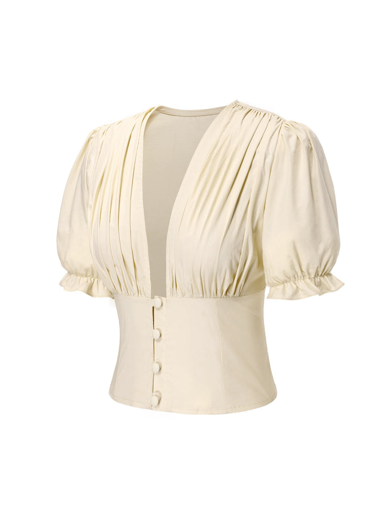 [Vorverkauf] 2PCS 1940er Baumwolle Creme V-Ausschnitt Top & Blau Plissiertes Rock