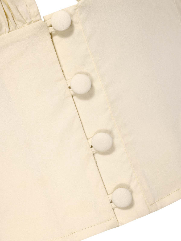 [Vorverkauf] 2PCS 1940er Baumwolle Creme V-Ausschnitt Top & Blau Plissiertes Rock