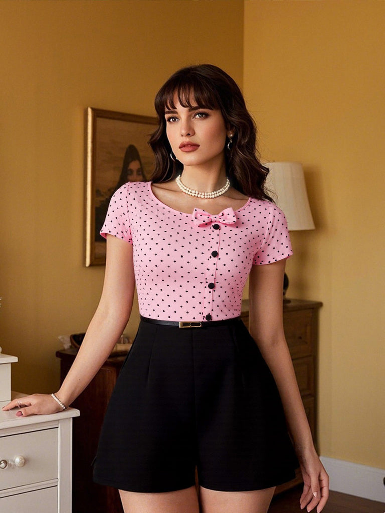 [Vorverkauf] Rosa 1950er Polka Dot Bogen Romper