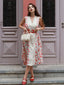 Beige & Rot 1950er Malerei Roses Gürtel Kleid