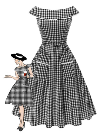 Schwarz 1950er Gingham Plaid Spitze Trim Gürtel Kleid