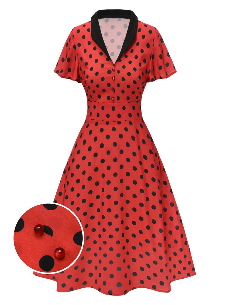 [Vorverkauf] Tiefrot 1950er V-Ausschnitt Polka Dots Revers Kleid