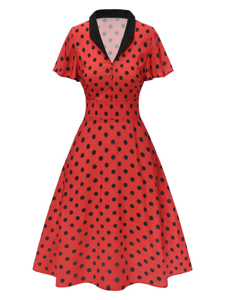 [Vorverkauf] Tiefrot 1950er V-Ausschnitt Polka Dots Revers Kleid