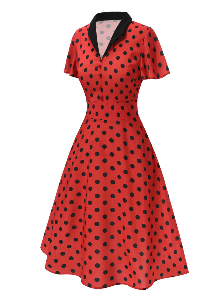 [Vorverkauf] Tiefrot 1950er V-Ausschnitt Polka Dots Revers Kleid