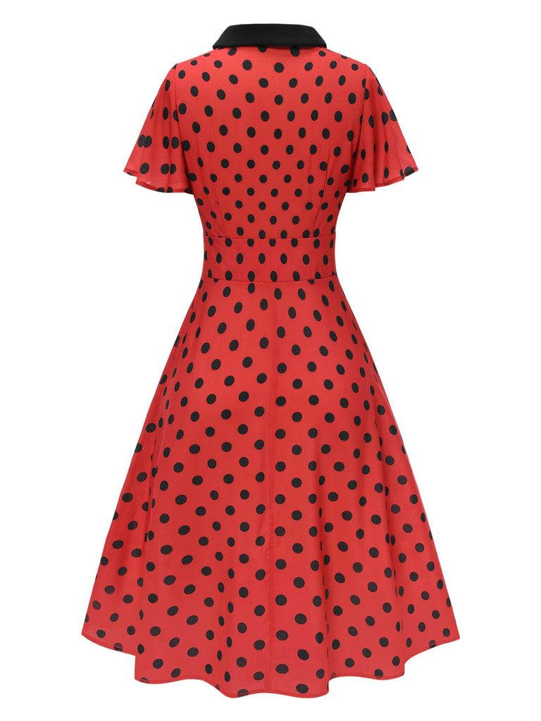 [Vorverkauf] Tiefrot 1950er V-Ausschnitt Polka Dots Revers Kleid