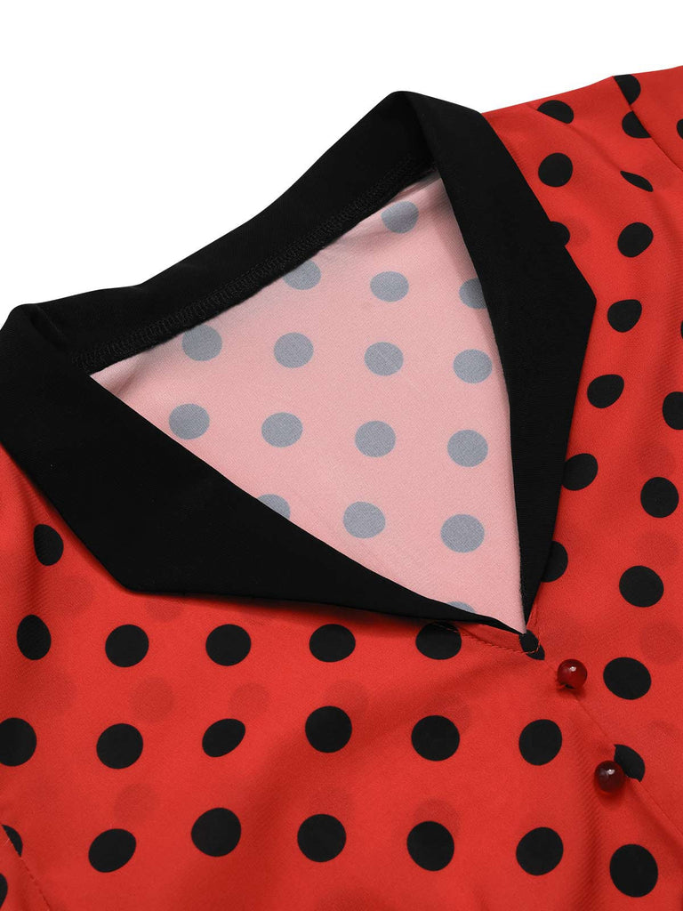 [Vorverkauf] Tiefrot 1950er V-Ausschnitt Polka Dots Revers Kleid