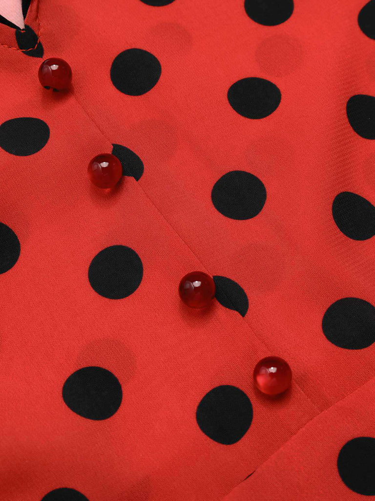 [Vorverkauf] Tiefrot 1950er V-Ausschnitt Polka Dots Revers Kleid