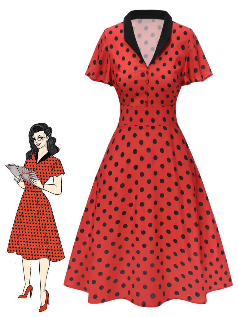 [Vorverkauf] Tiefrot 1950er V-Ausschnitt Polka Dots Revers Kleid