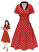 [Vorverkauf] Tiefrot 1950er V-Ausschnitt Polka Dots Revers Kleid