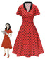 [Vorverkauf] Tiefrot 1950er V-Ausschnitt Polka Dots Revers Kleid