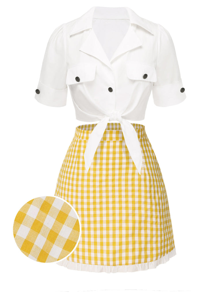 [Vorverkauf] 2PCS 1960er Revers Binden Bluse & Plaid Rock