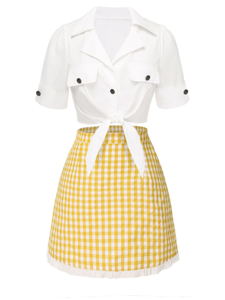 [Vorverkauf] 2PCS 1960er Revers Binden Bluse & Plaid Rock