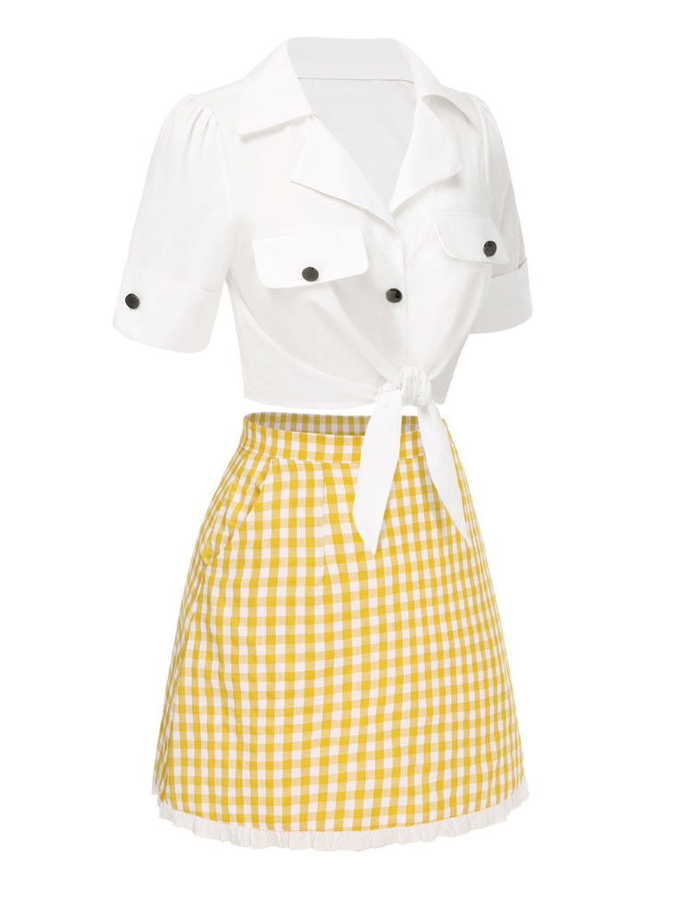 [Vorverkauf] 2PCS 1960er Revers Binden Bluse & Plaid Rock