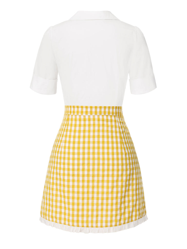 [Vorverkauf] 2PCS 1960er Revers Binden Bluse & Plaid Rock