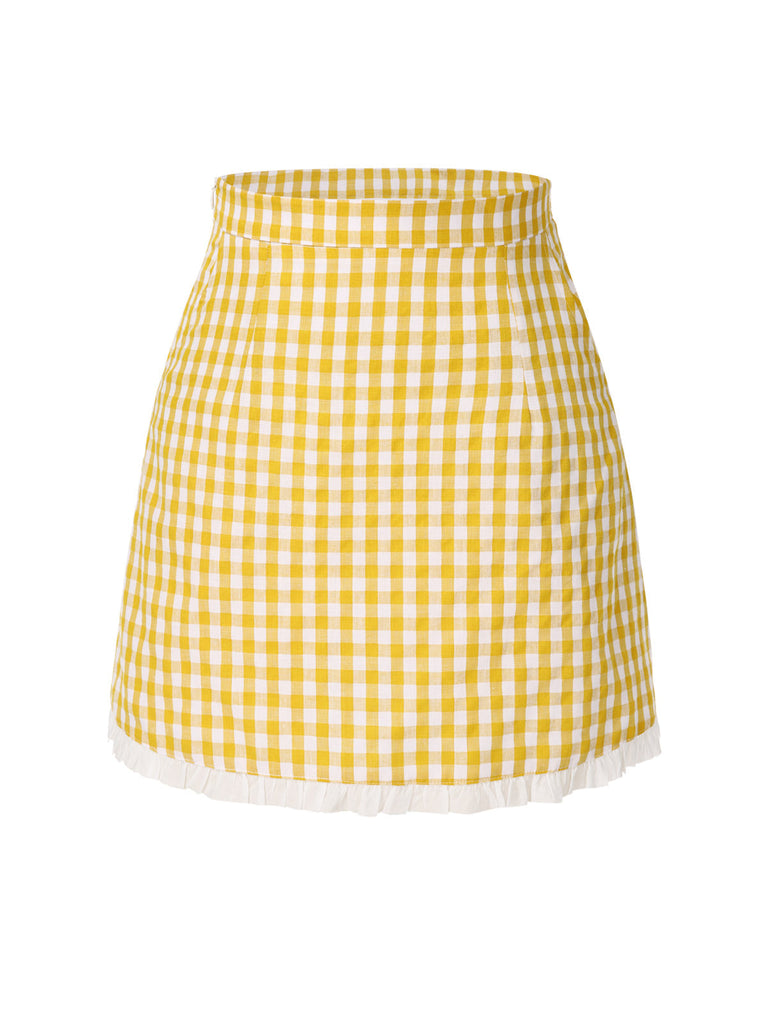 [Vorverkauf] Gelb 1960er Rüschen Plaid Rock