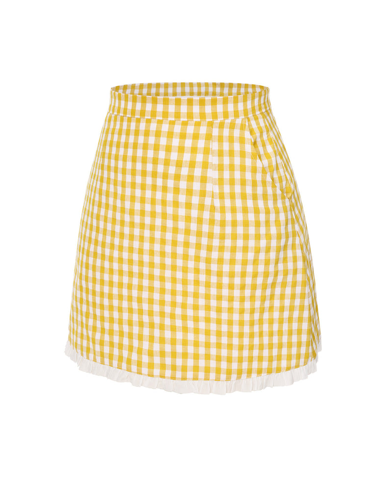 [Vorverkauf] Gelb 1960er Rüschen Plaid Rock