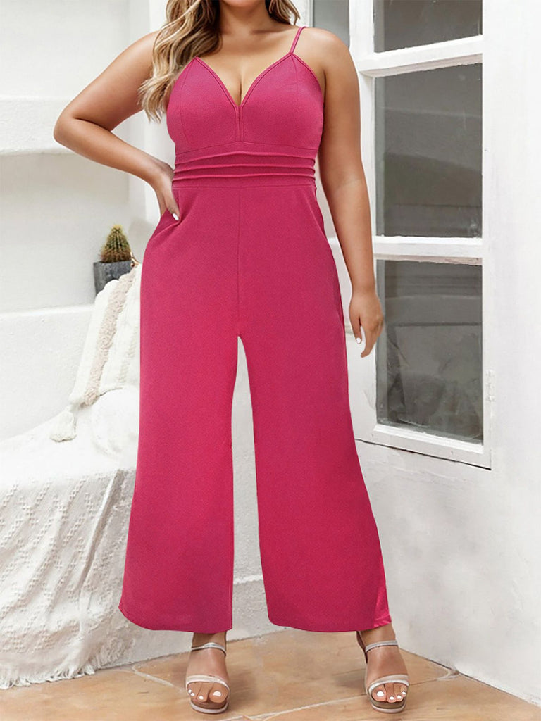[Übergröße] Rosenrot 1950er Solide Träger Jumpsuit