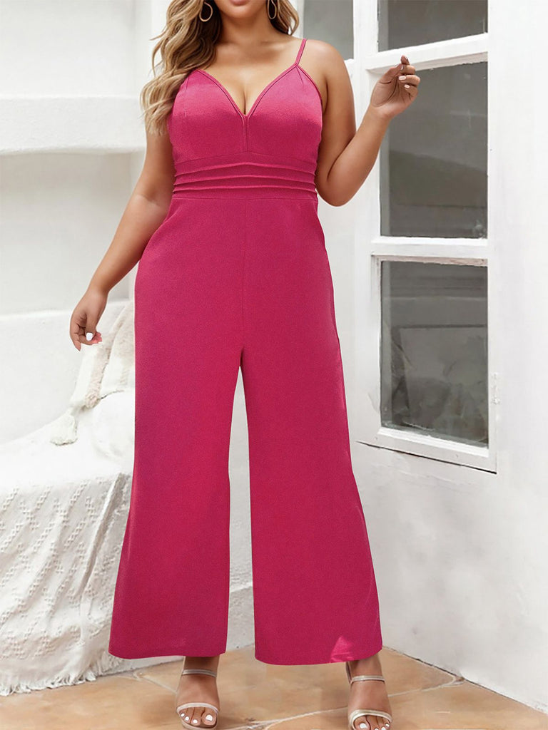 [Übergröße] Rosenrot 1950er Solide Träger Jumpsuit