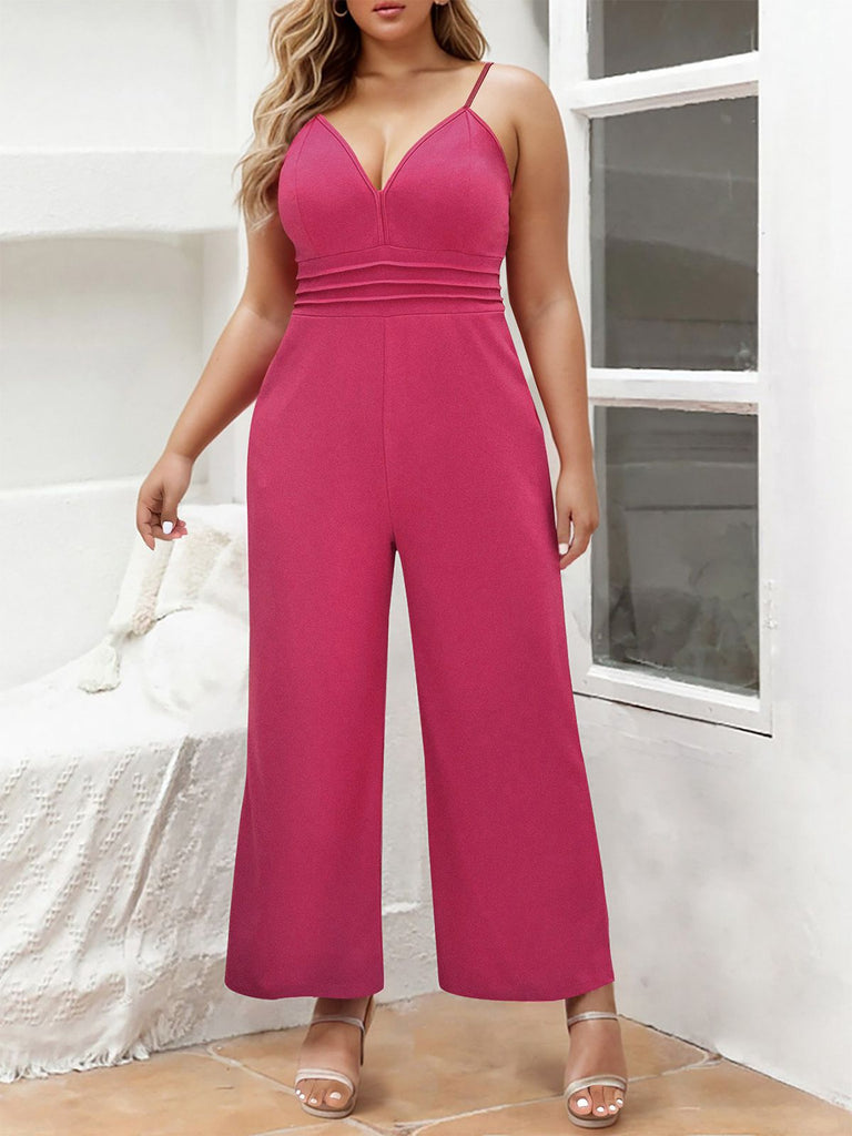 [Übergröße] Rosenrot 1950er Solide Träger Jumpsuit