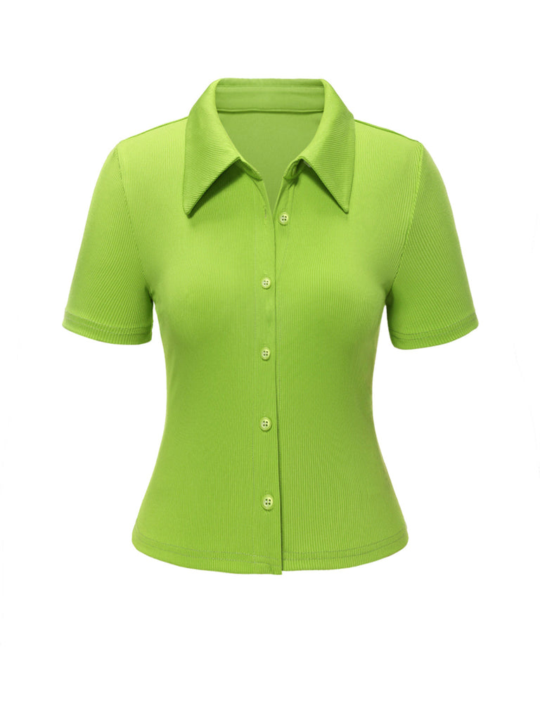 [Vorverkauf] 2PCS Grün 1960er Revers Stricken Bluse & Blumen Rock