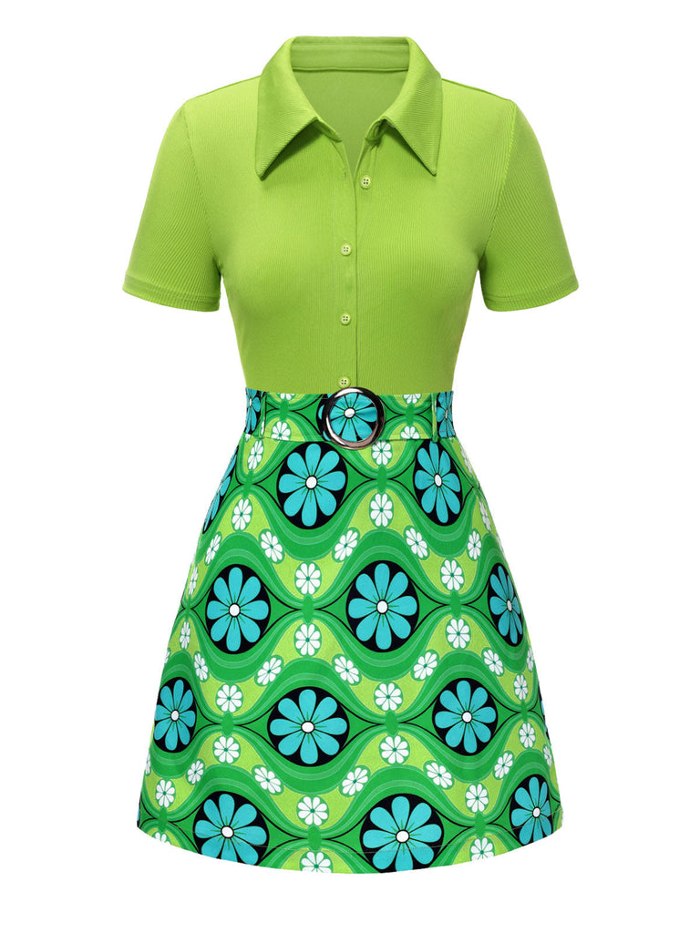 [Vorverkauf] 2PCS Grün 1960er Revers Stricken Bluse & Blumen Rock