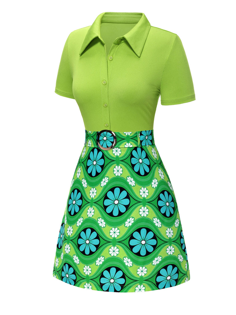 [Vorverkauf] 2PCS Grün 1960er Revers Stricken Bluse & Blumen Rock