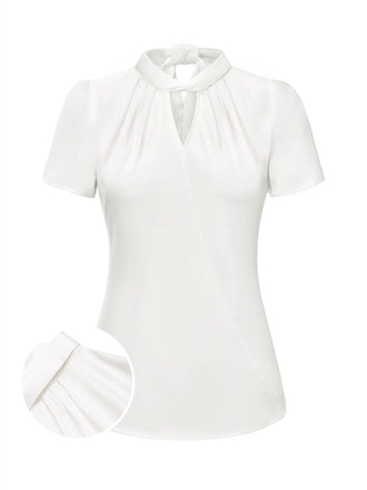 Weiß 1930er Solide Schlüsselloch-Ausschnitt Satin Bluse