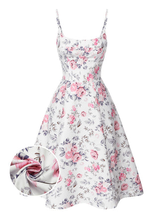 [Vorverkauf] Weiß & Rosa 1950er Träger Blumen Kleid