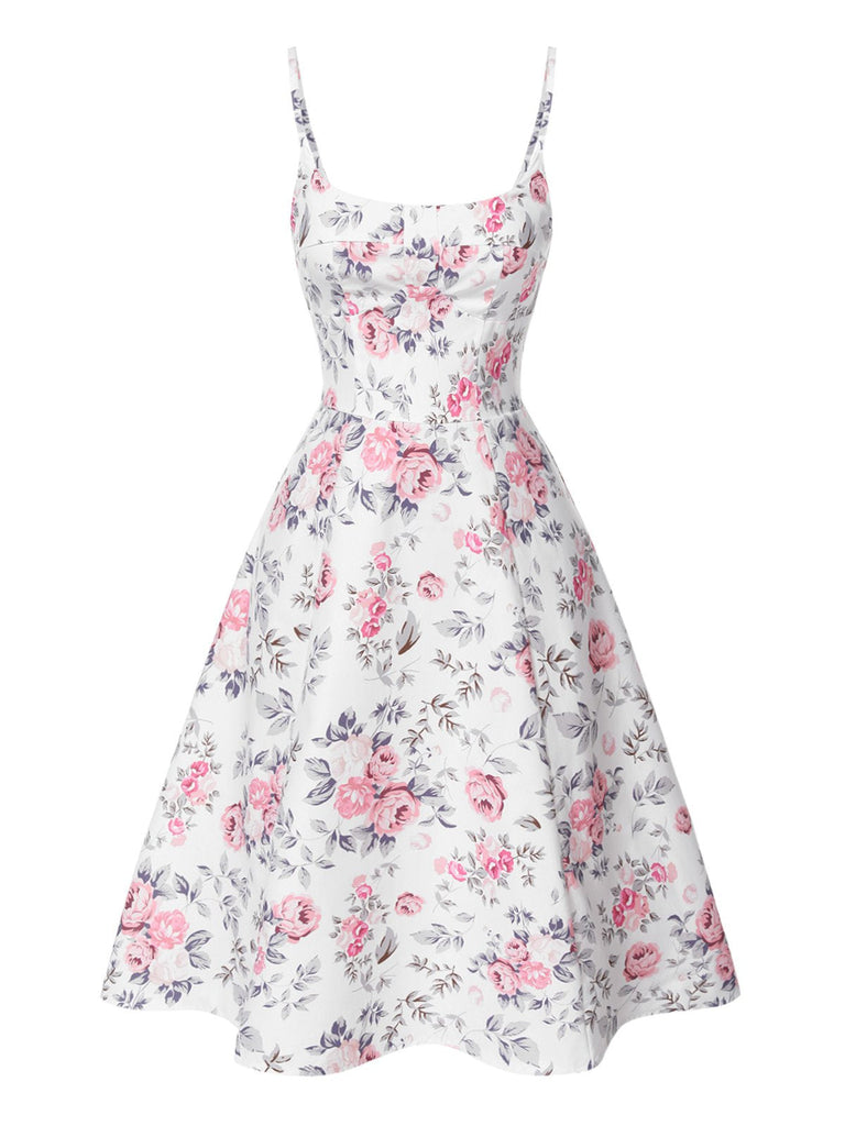 [Vorverkauf] Weiß & Rosa 1950er Träger Blumen Kleid
