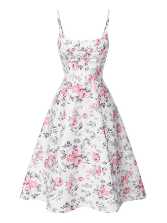 [Vorverkauf] Weiß & Rosa 1950er Träger Blumen Kleid
