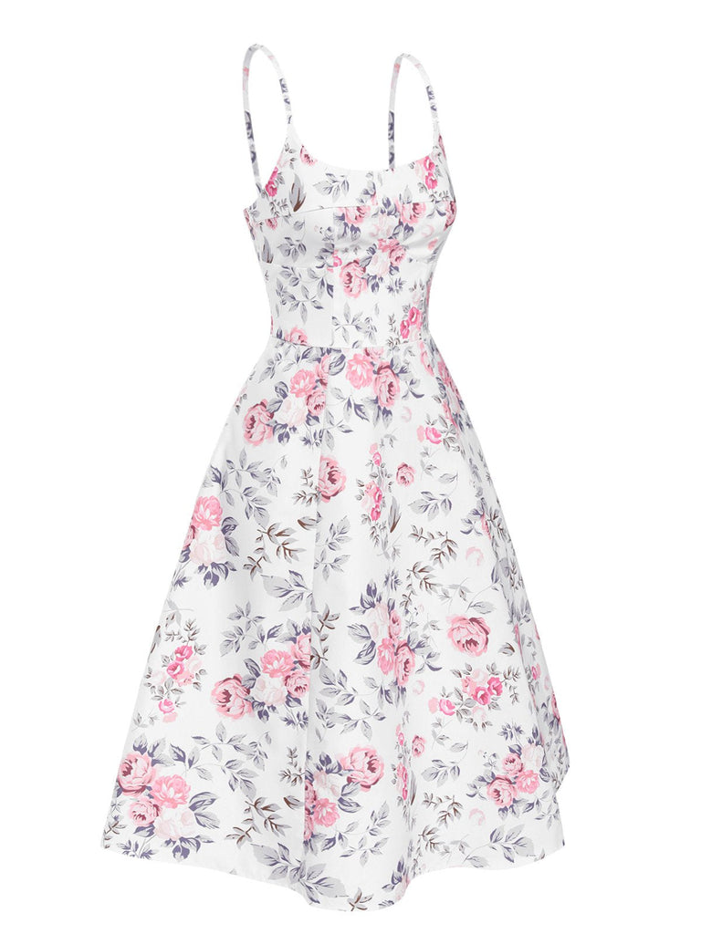 [Vorverkauf] Weiß & Rosa 1950er Träger Blumen Kleid