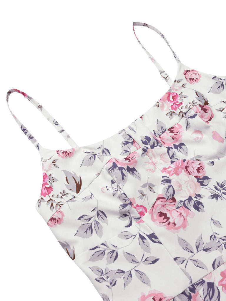 [Vorverkauf] Weiß & Rosa 1950er Träger Blumen Kleid