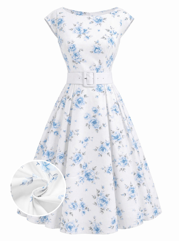 Rosa 1950er Bootskragen Antiquität Blumen Kleid