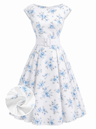 Weißes 50er Kleid mit Blumendruck und Bootsausschnitt