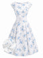 Weißes 50er Kleid mit Blumendruck und Bootsausschnitt