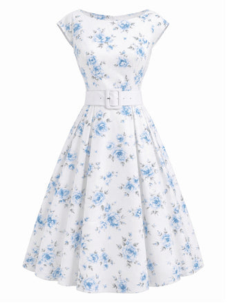 Weißes 50er Kleid mit Blumendruck und Bootsausschnitt