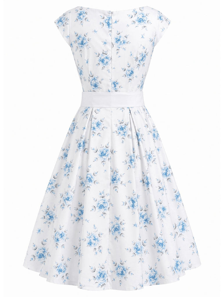 Rosa 1950er Bootskragen Antiquität Blumen Kleid