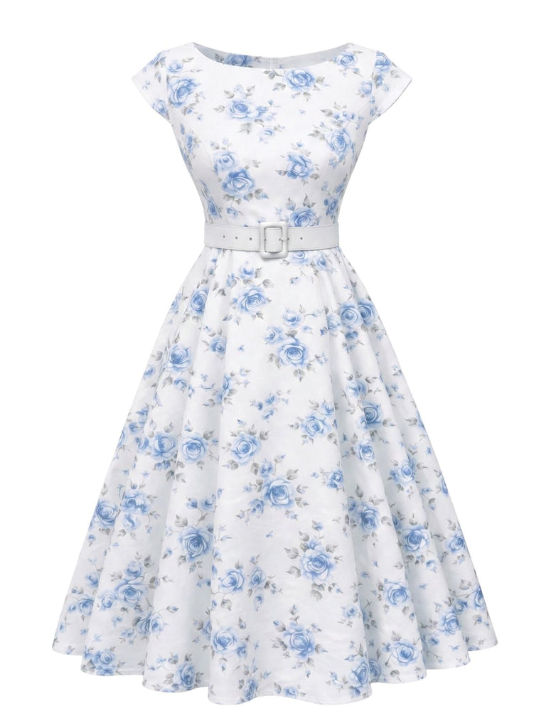 Rosa 1950er Bootskragen Antiquität Blumen Kleid