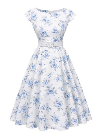 [Vorverkauf] Weißes 50er Kleid mit Blumendruck und Bootsausschnitt