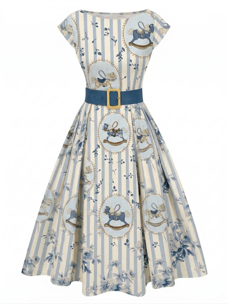 [Vorverkauf] Blau 1950er Bootskragen Blumen Schaukelpferd Druck Kleid