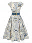[Vorverkauf] Blau 1950er Bootskragen Blumen Schaukelpferd Druck Kleid
