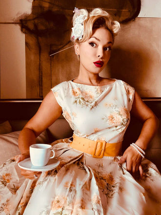 Gelb 1950er Bootskragen Antiquität Blumen Kleid