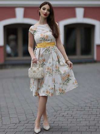 Gelb 1950er Bootskragen Antiquität Blumen Kleid