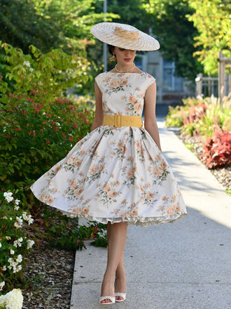 Gelb 1950er Bootskragen Antiquität Blumen Kleid